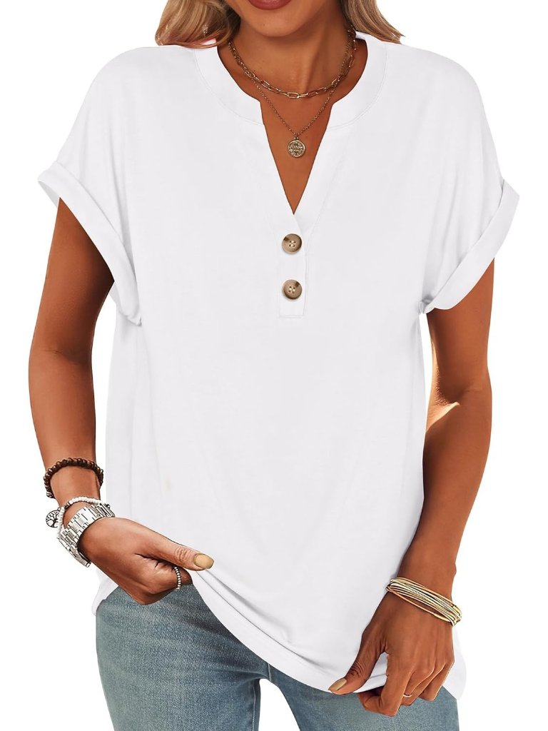 Women's White V Neck Short Sleeve Shirts Henley Comfortable Trendy Summer Tops